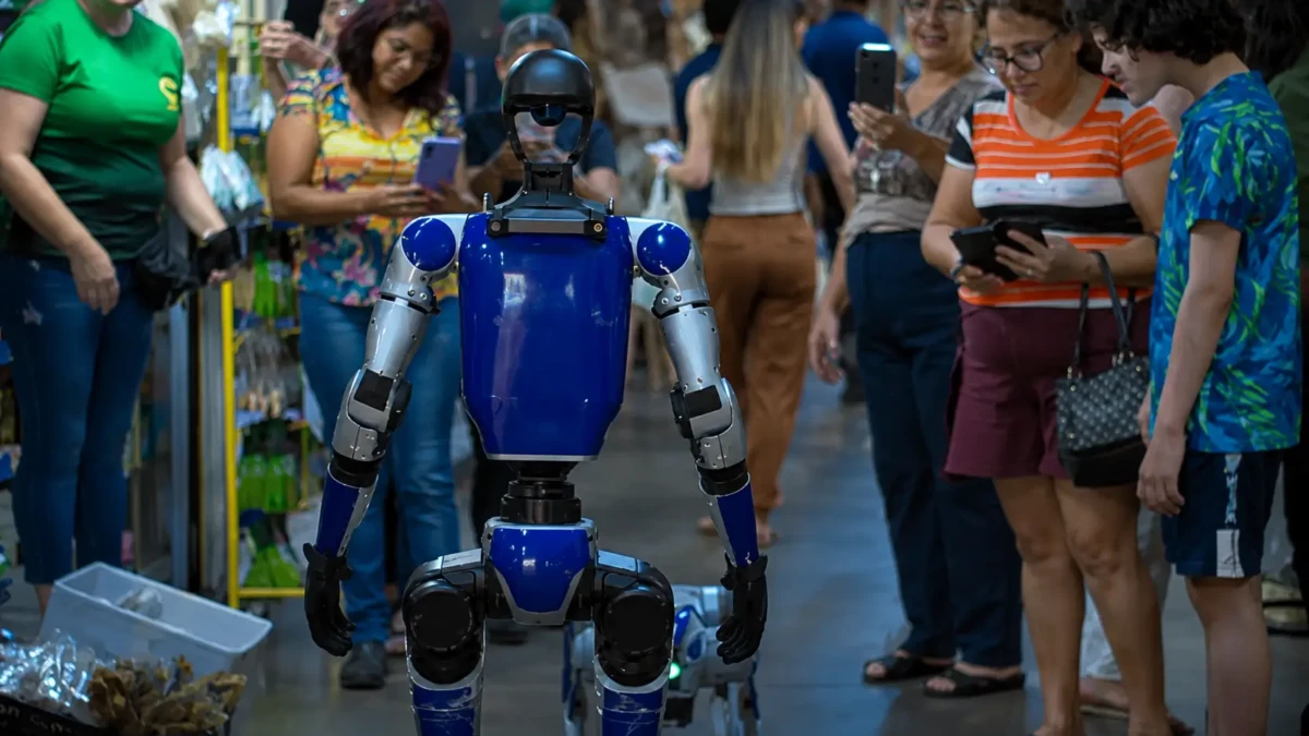 Foto colorida mostra robô interagindo com humanos em feira de tecnologia (Foto: divulgação)