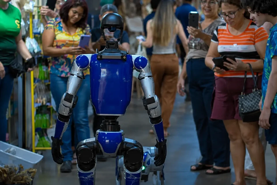 Foto colorida mostra robô interagindo com humanos em feira de tecnologia (Foto: divulgação)