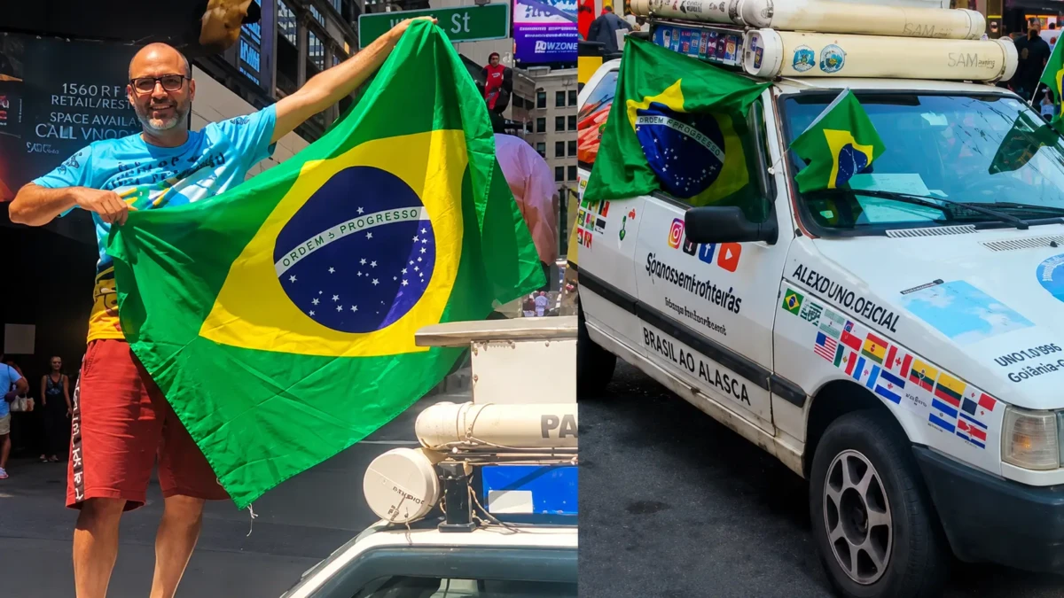 Após cruzar 15 países de Uno 1996, goiano chega à Times Square; vídeo Alex Rodrigues saiu de Goiânia Cabrito e percorreu 37 mil quilômetros