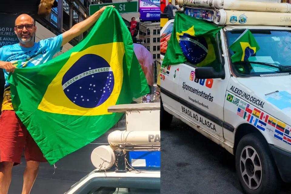 Após cruzar 15 países de Uno 1996, goiano chega à Times Square; vídeo Alex Rodrigues saiu de Goiânia Cabrito e percorreu 37 mil quilômetros