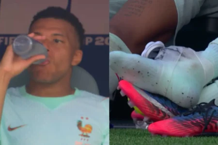 França x Marrocos: Mbappé coloca gelo no tornozelo após ser substituído (Foto: Fifa)