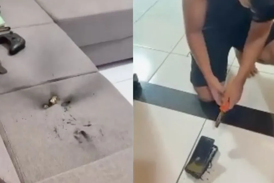 Celular explode e causa princípio de incêndio em sofá de casa, em Porangatu (Foto: Reprodução)