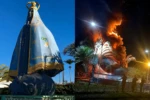 Antes e depois: imagem de Nossa Senhora Aparecida, um dos símbolos de Nerópolis, antes do incêndio e durante as chamas que destruíram o monumento. Crédito: Reprodução / Arquivo pessoal / Redes sociais