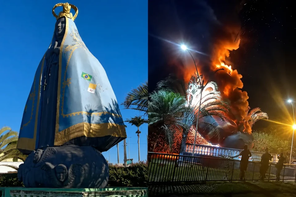 Antes e depois: imagem de Nossa Senhora Aparecida, um dos símbolos de Nerópolis, antes do incêndio e durante as chamas que destruíram o monumento. Crédito: Reprodução / Arquivo pessoal / Redes sociais