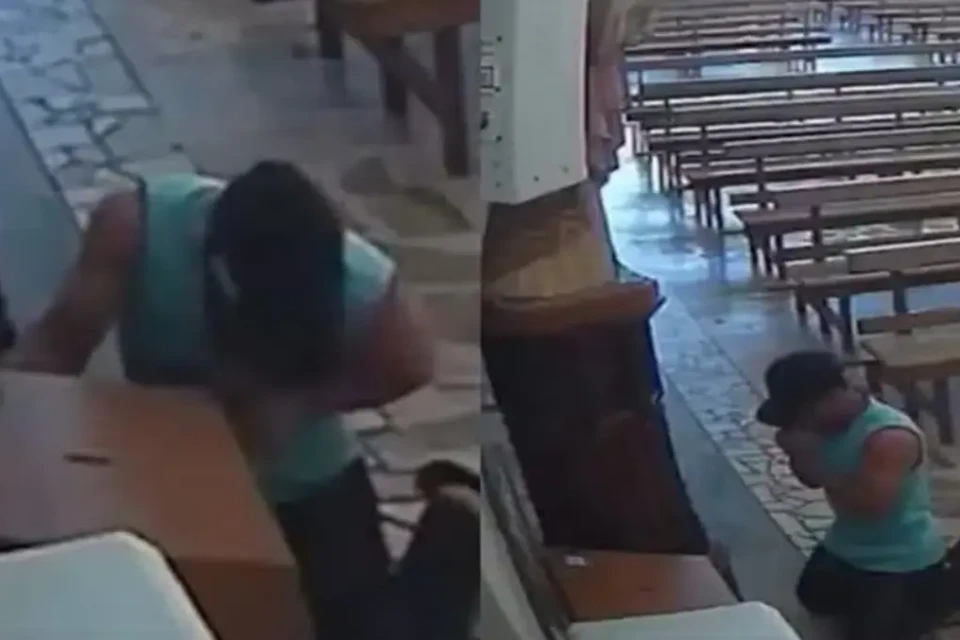 Homem ajoelha e reza antes de arrombar cofre e furtar igreja em MG; vídeo Suspeito, que usava tornozeleira eletrônica, segue foragido