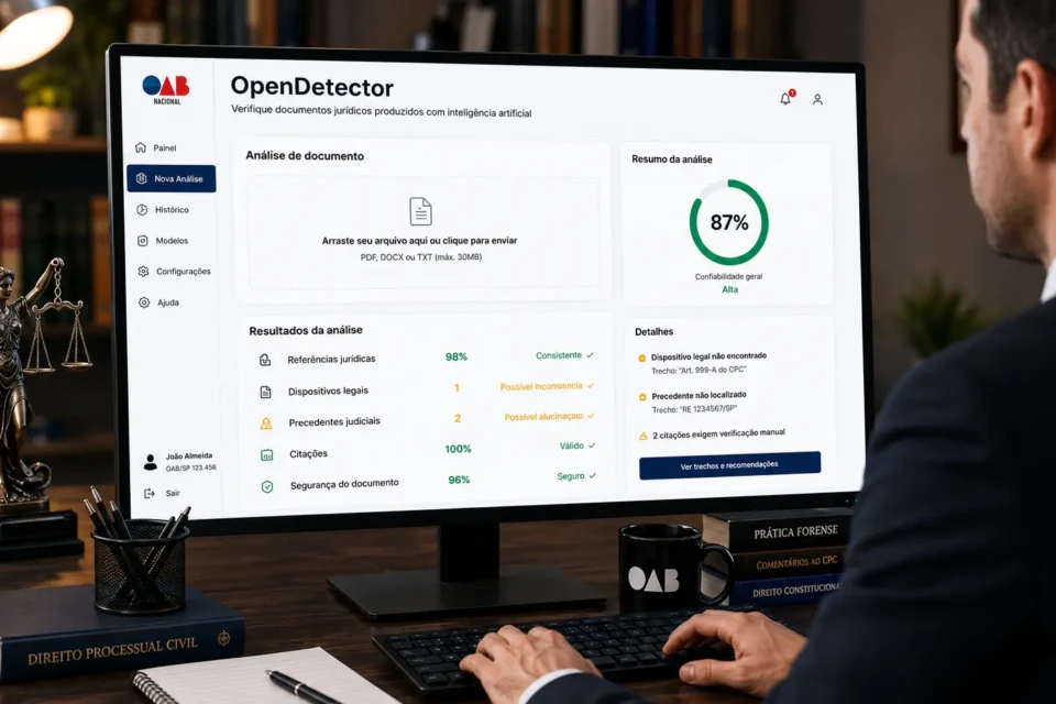 Ferramenta OpenDetector permite que advogados verifiquem petições, pareceres e outros documentos produzidos com auxílio de inteligência artificial antes do protocolo, identificando possíveis inconsistências em citações, jurisprudências e dispositivos legais. Crédito: Divulgação/OAB Nacional.