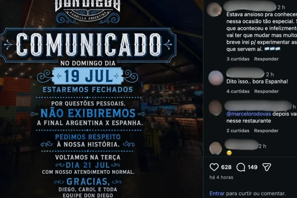 Restaurante argentino em Goiânia decide fechar as portas durante a final Argentina x Espanha no domingo