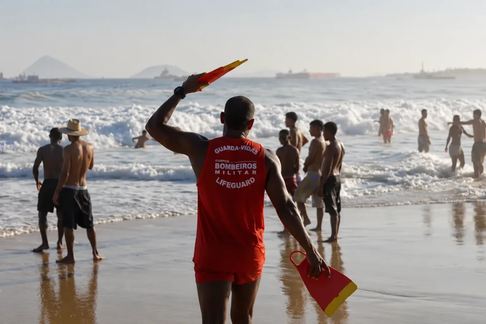 Guarda-vidas atua durante operação de monitoramento e resgate na Praia de Copacabana, no Rio de Janeiro, onde equipes mantêm buscas pelo adolescente goiano Khallew Gharetty Tomaz Carvalho. Crédito: Reprodução/TV Globo.