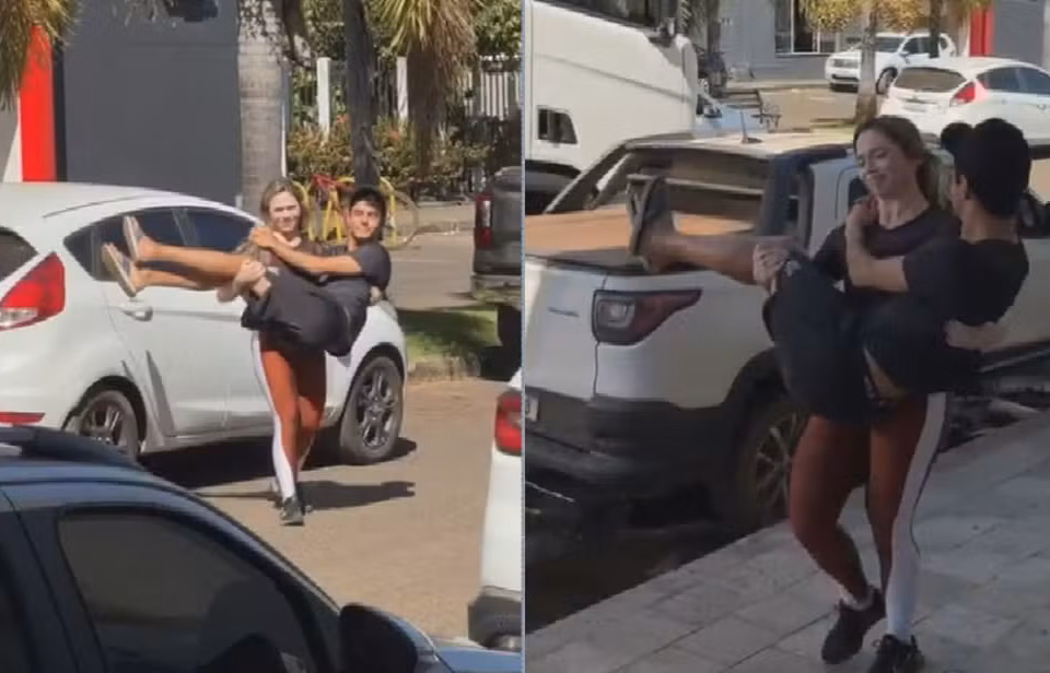 Mulher carrega o marido no colo após ele quebrar o pé; vídeo Momento repercutiu na internet; assista ao vídeo