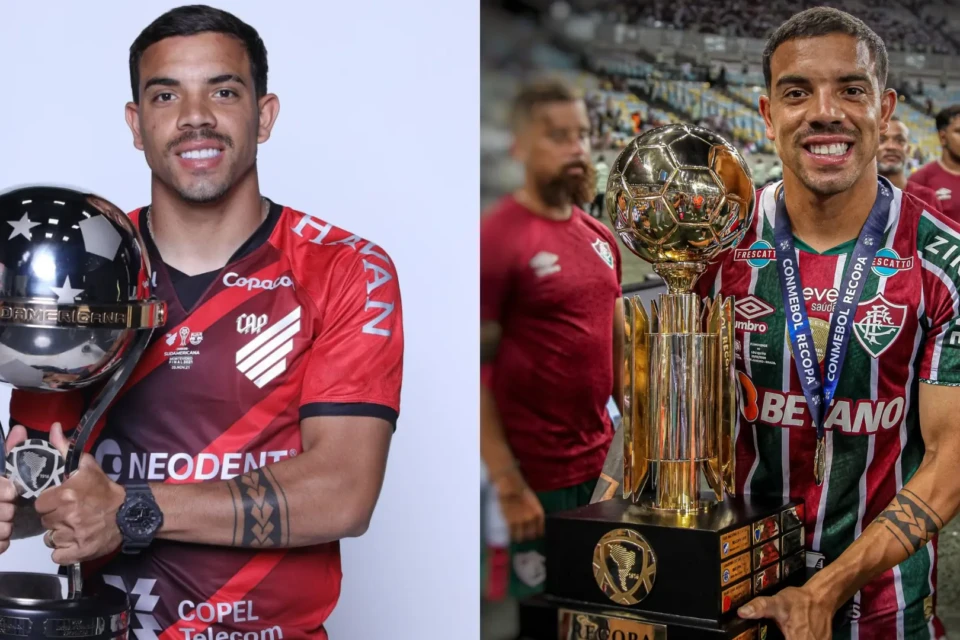 David Terans com as taças da Sul-Americana de 2021, pelo Athletico-PR, e da Recopa de 2024, pelo Fluminense (Fotos: Conmebol/CAP - Conmebol/Fluminense)