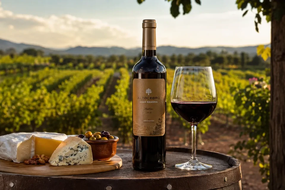 Imagem mostra vinícola, taça de vinho