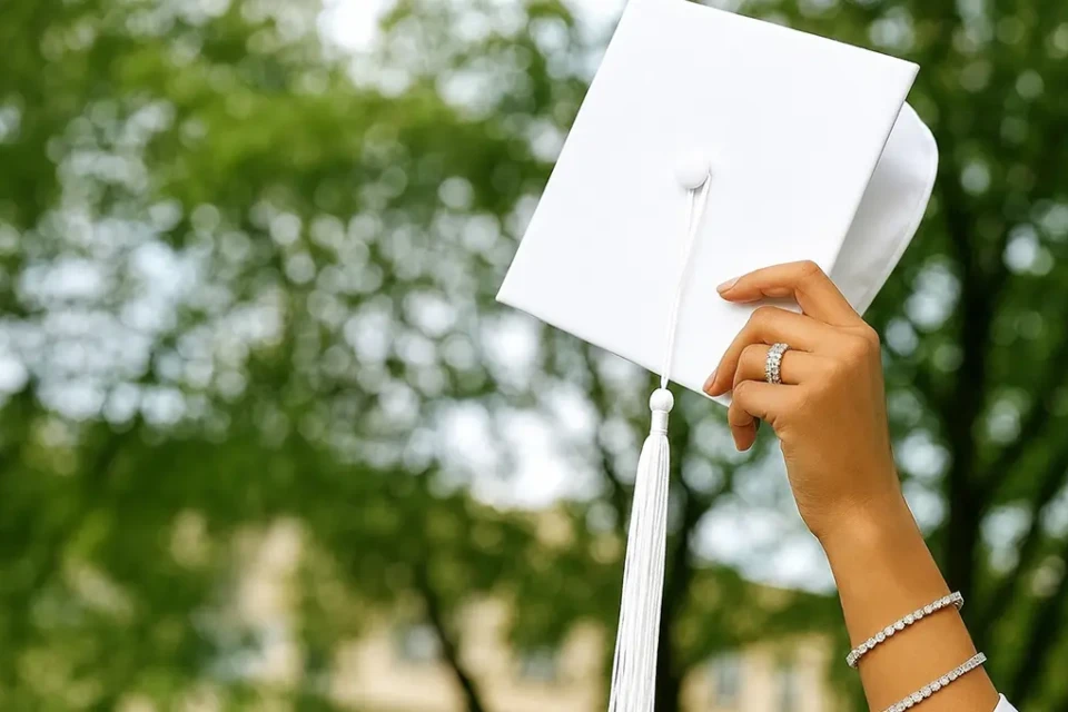 Mulher exibe capelo branco em imagem meramente ilustrativa sobre caso de estudante de Goiás que vai se formar de beca branca por respeito ao Candomblé