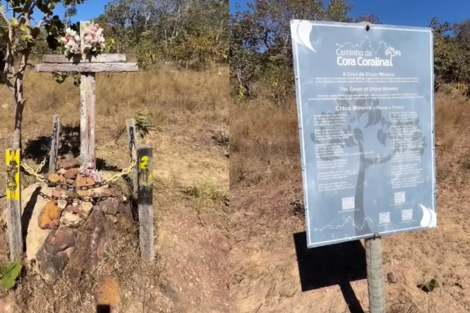 Cruz na estrada de terra onde Chico Mineiro teria morrido em cidade de Goiás, ao fim do Caminho de Cora Coralina (Foto: Marcos Silva)