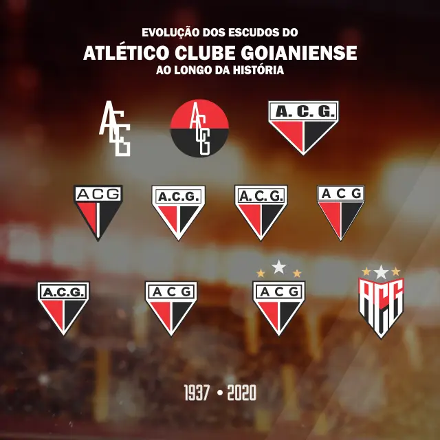 Painel com a evolução dos escudos do Atlético Goianiense entre 1937 e 2020
