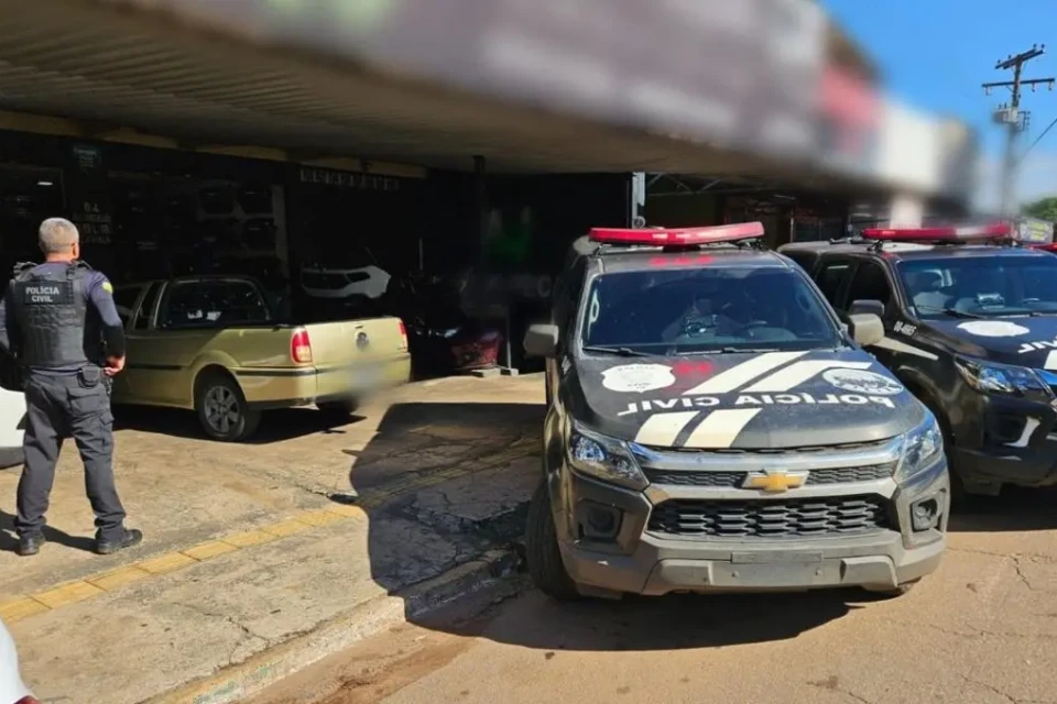 Viatura e agentes da Polícia Civil em frente a um comércio (Foto: Governo de Goiás)