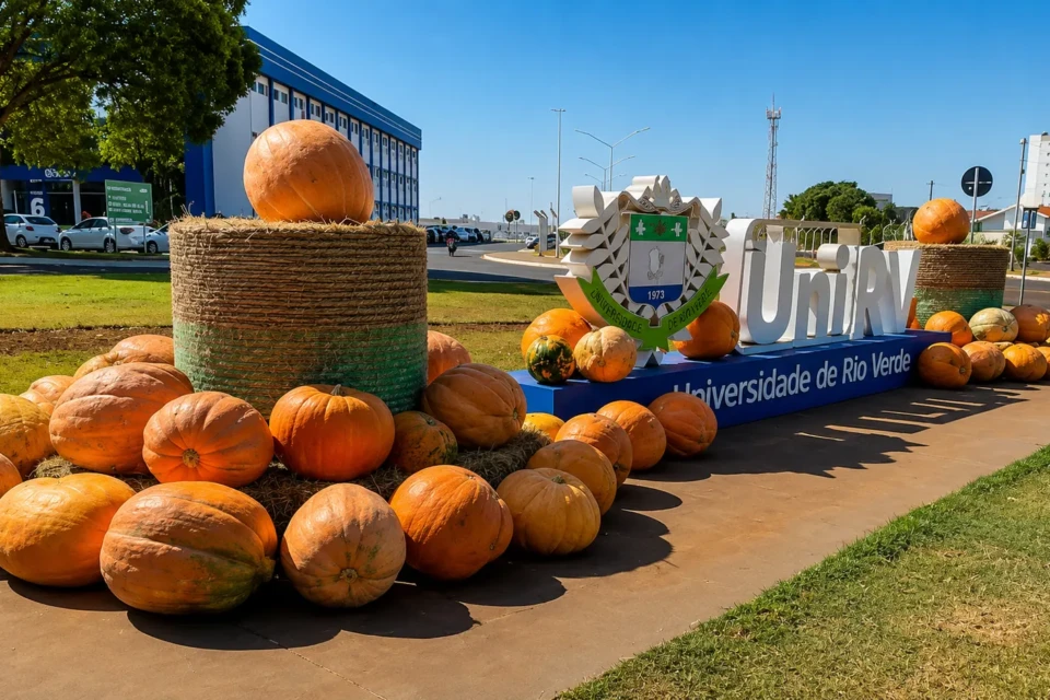 Abóboras gigantes utilizadas na decoração do aniversário de Rio Verde em edição anterior das comemorações. Foto: Prefeitura de Rio Verde/Acervo de anos anteriores.
