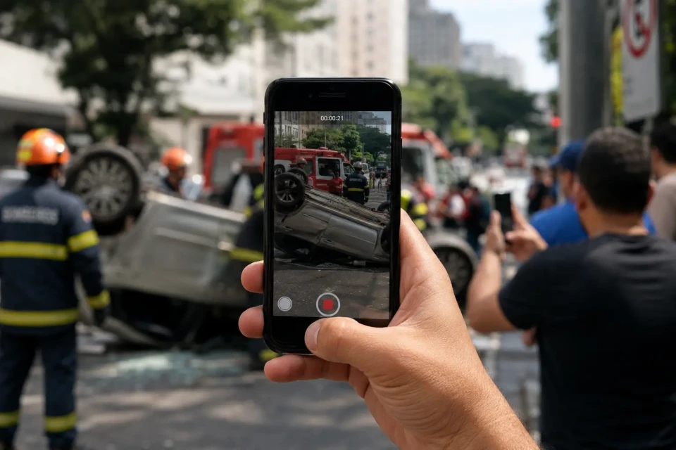 Curiosos registram acidente com celulares; projeto quer criminalizar a divulgação de imagens de vítimas. Foto: Ilustração/IA