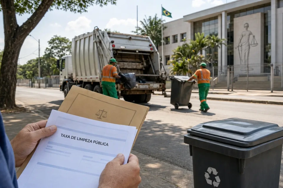 Contribuinte segura cobrança da taxa do lixo diante de caminhão de coleta e prédio do Judiciário.