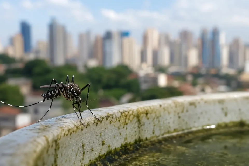 Mosquito Aedes aegypti próximo a recipiente com água parada em área urbana