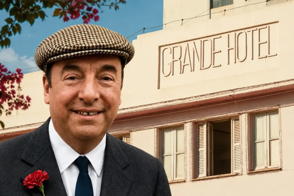 Montagem com Neruda em frente ao Grande Hotel, em Goiânia
