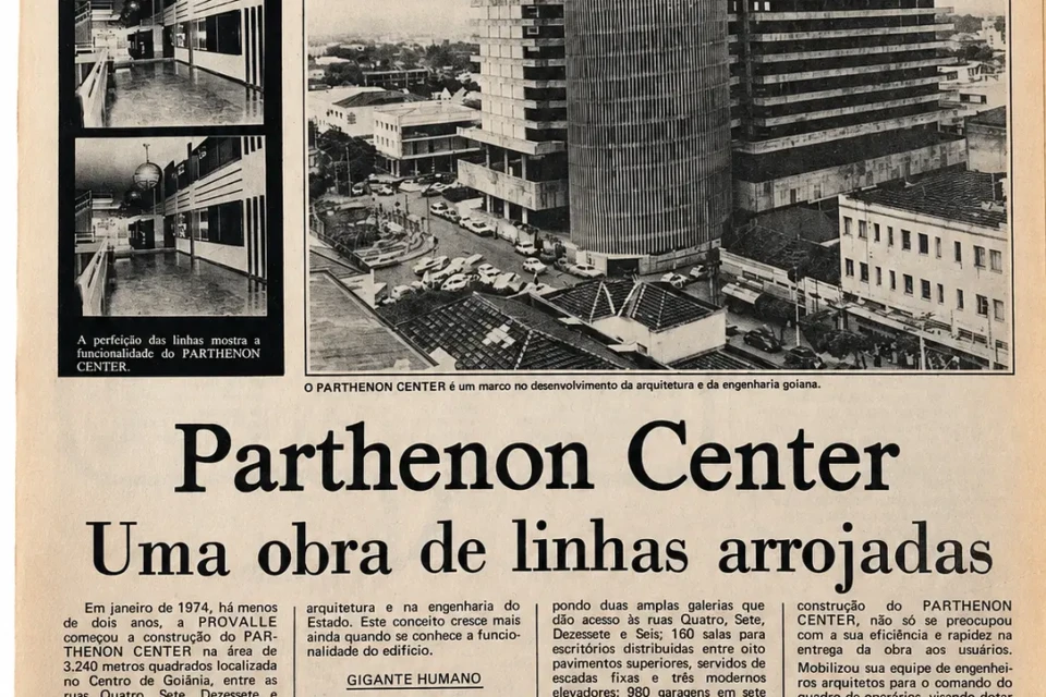 Página do Jornal Opção, publicada entre 3 e 9 de outubro de 1976, apresenta o Parthenon Center como marco da arquitetura e da engenharia de Goiás. Crédito: acervo Jornal Opção.