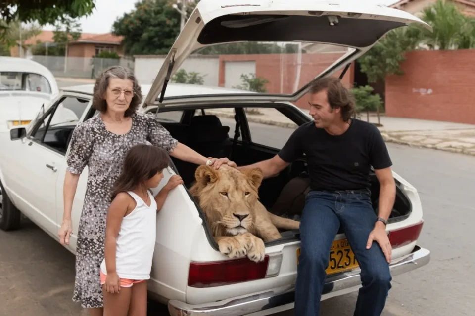 Juruna aparece no porta-malas de um carro, cercado por integrantes da família, em registro da época em que leões eram mantidos como animais de estimação em Goiânia. Crédito: Acervo pessoal.