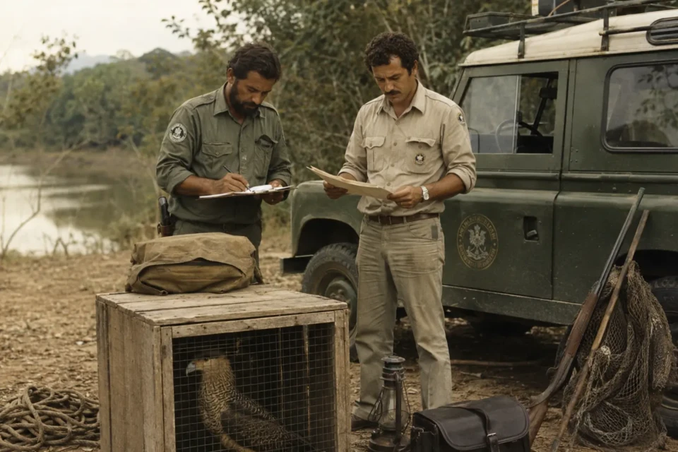 Imagem ilustrativa representa agentes do antigo IBDF em ação de campo, período em que a fiscalização da fauna no Brasil ainda ocorria de forma dispersa e com estrutura limitada. Crédito: Imagem gerada por inteligência artificial.