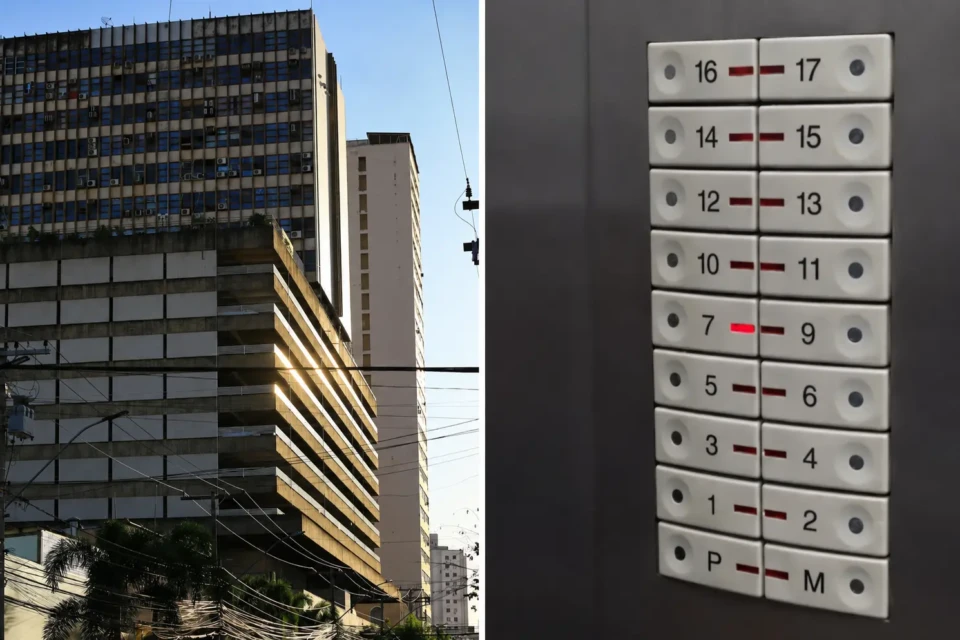 Parthenon Center, no Centro de Goiânia, e painel do elevador que não apresenta o 8º andar — Foto: Reprodução/TikTok