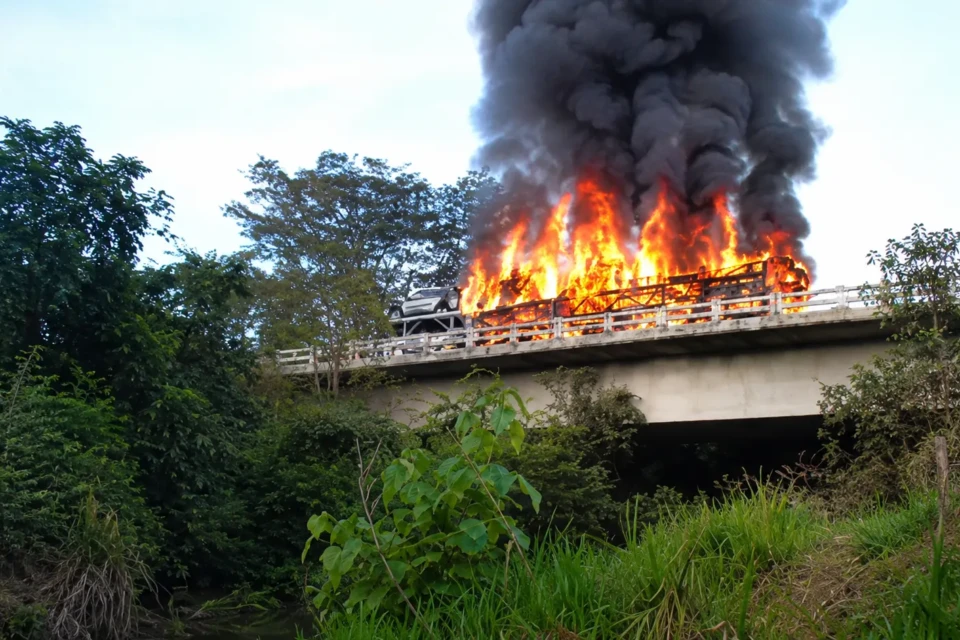 Incêndio destrói carreta-cegonha e carros elétricos e híbridos da BYD na BR-364 em Mineiros