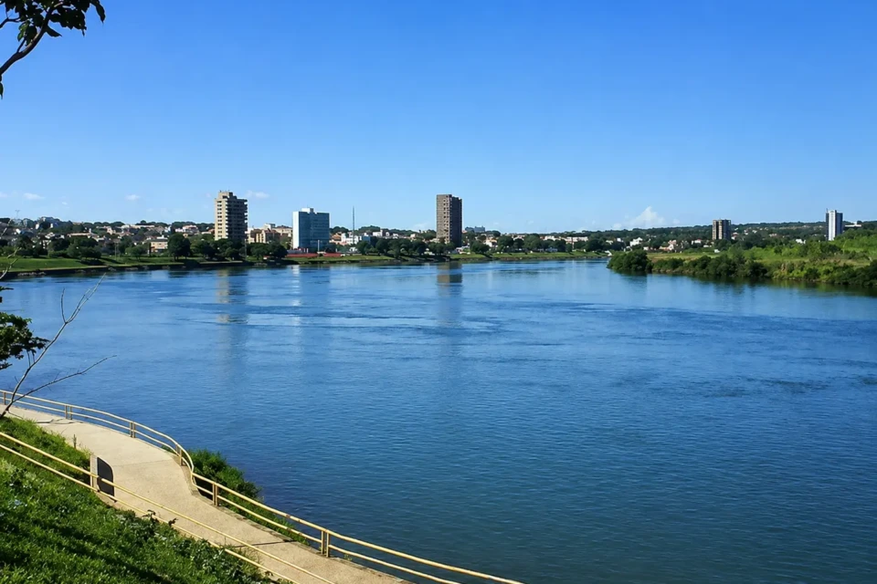 Vista do Rio Paranaíba, em Itumbiara, município do sul de Goiás que integra a Região Turística Lagos do Paranaíba e atrai visitantes para a pesca esportiva do tucunaré (Foto: Reprodução/Imagem aprimorada por IA)