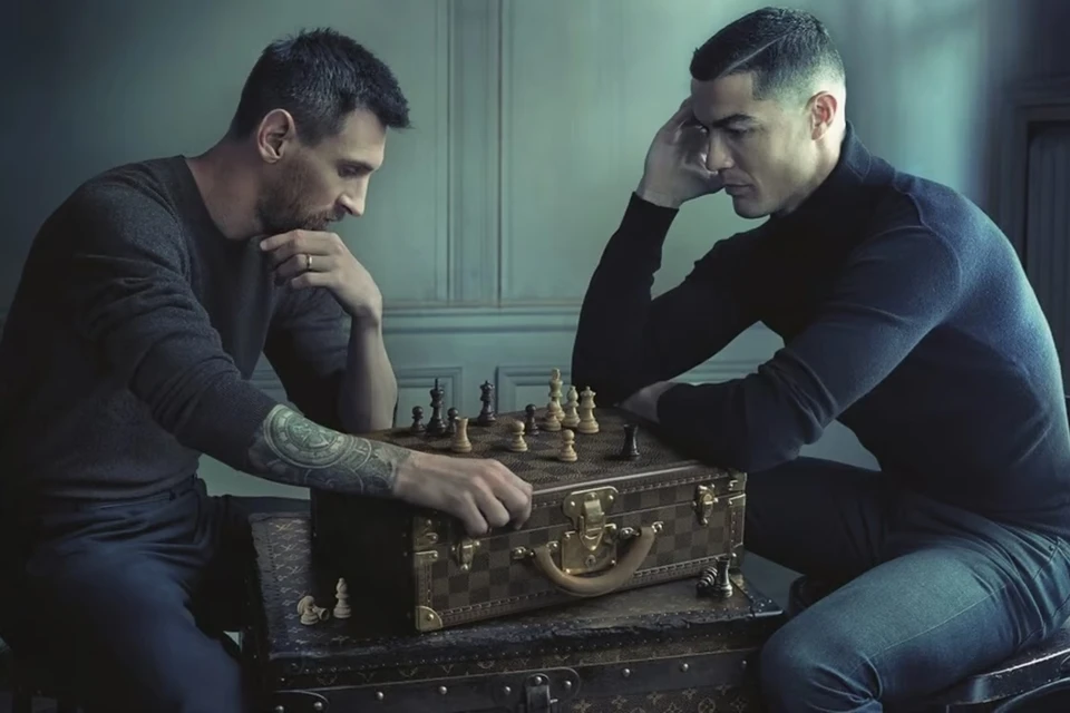 Lionel Messi e Cristiano Ronaldo aparecem diante de um tabuleiro de xadrez em imagem que simboliza a rivalidade entre os dois jogadores (Foto: Reprodução/TikTok)
