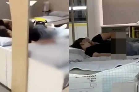 Casal é flagrado em momento íntimo em cama de loja diante de outros clientes; vídeo 'Vão para casa ou aluguem um quarto'