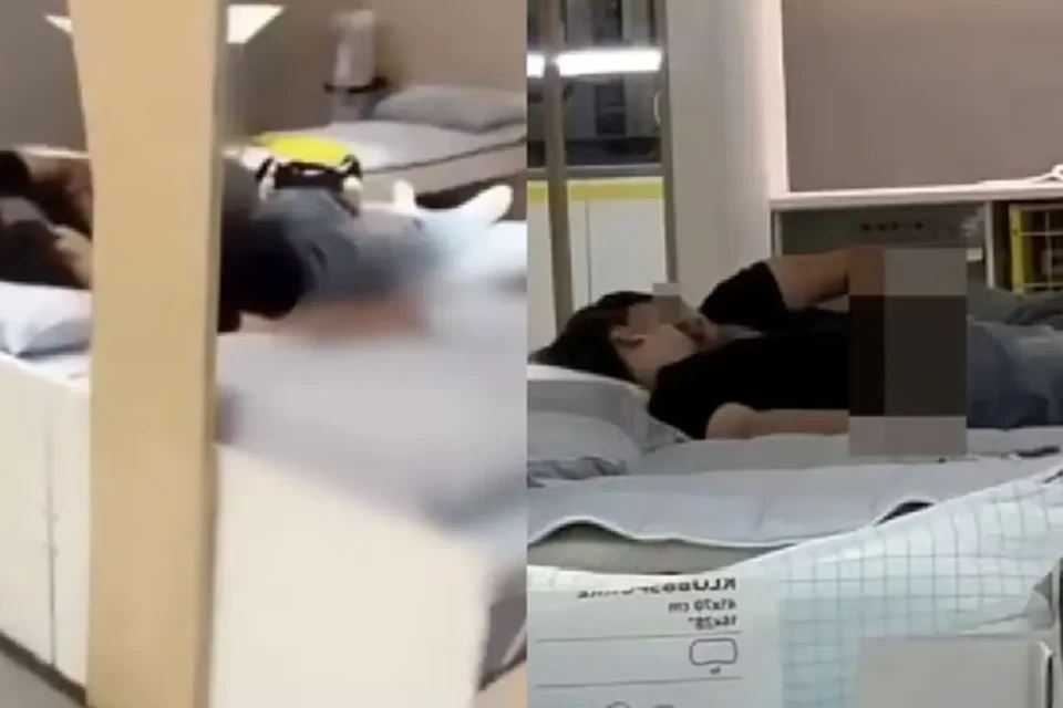 Casal é flagrado em momento íntimo em cama de loja diante de outros clientes; vídeo 'Vão para casa ou aluguem um quarto'