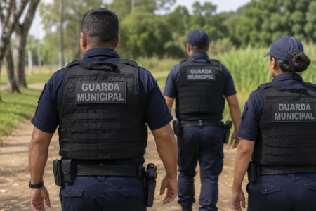 Agentes da Guarda Municipal durante patrulhamento em área pública. Imagem ilustrativa.