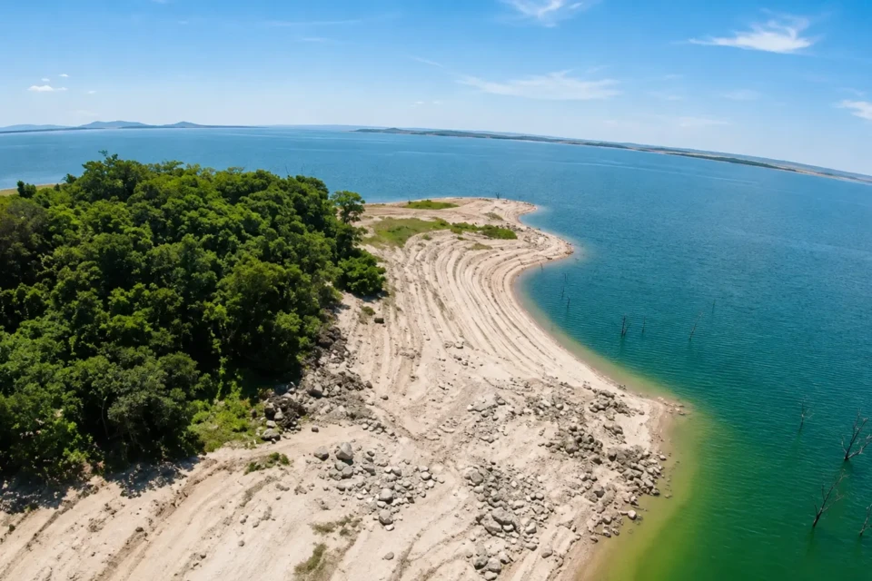Vista aérea do Lago das Brisas, no Sul de Goiás, mostra a extensão do reservatório e as margens cercadas por vegetação. Foto: Reprodução/TikTok.