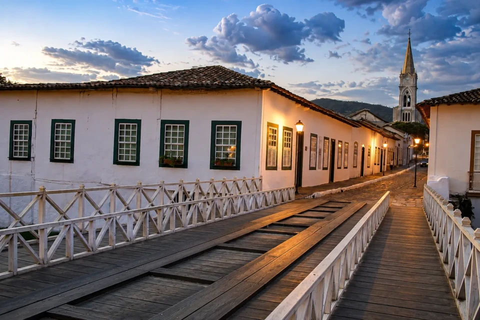 Ponte de madeira e casarões coloniais compõem a paisagem do centro histórico da Cidade de Goiás ao entardecer. Foto: Governo de Goiás.