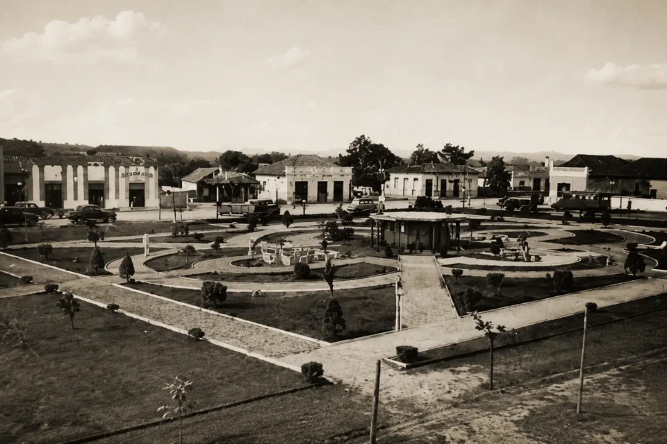 CVista histórica da Praça Coronel Joaquim Lúcio, em Campinas, com o antigo casario e o jardim que marcaram a formação do bairro. Foto: Acervo da Prefeitura de Goiânia.