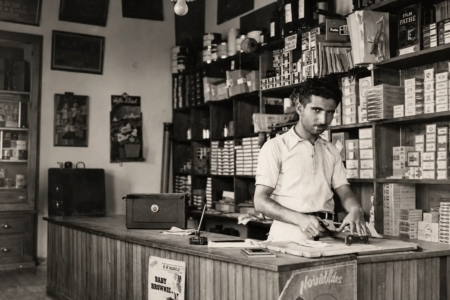 Eduardo Bilemjian em estabelecimento comercial ligado à fotografia, atividade que marcou sua trajetória e ajudou a preservar alguns dos primeiros registros visuais de Goiânia. (Foto: Acervo Eduardo Bilemjian)