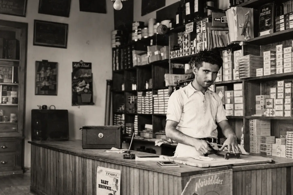 Eduardo Bilemjian em estabelecimento comercial ligado à fotografia, atividade que marcou sua trajetória e ajudou a preservar alguns dos primeiros registros visuais de Goiânia. (Foto: Acervo Eduardo Bilemjian)