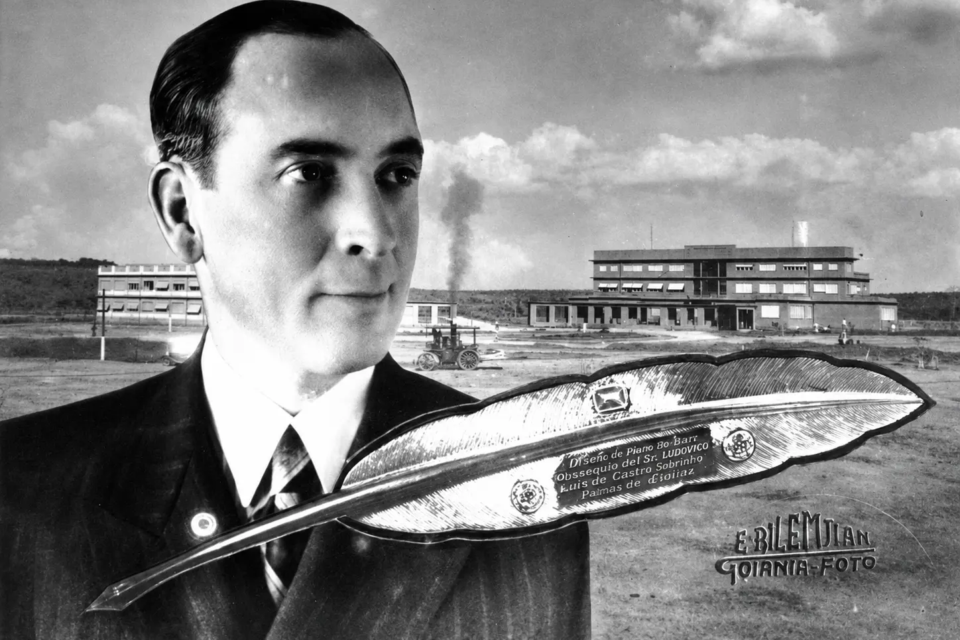 Fotomontagem de Eduardo Bilemjian reúne seu retrato, uma vista da Goiânia em construção e uma homenagem a Pedro Ludovico Teixeira, em registro que evidencia o uso de técnicas de composição pelo fotógrafo nos primeiros anos da capital. (Foto: Acervo Eduardo Bilemjian)