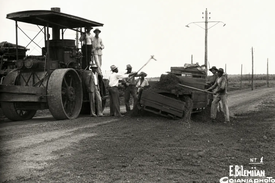 Trabalhadores atuam nas obras de abertura e preparação das vias de Goiânia nos primeiros anos de construção da capital, com uso de maquinário pesado e trabalho manual. O registro foi feito por Eduardo Bilemjian durante a formação da cidade. (Foto: Acervo Eduardo Bilemjian)