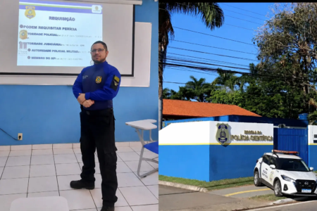 Foto colorida mostra o superintendente da Polícia Científica de Goiás (PCIGO), Ricardo Matos em sala de aula. Montagem exibe fachada de prédio da corporação (Fotos: reprodução)
