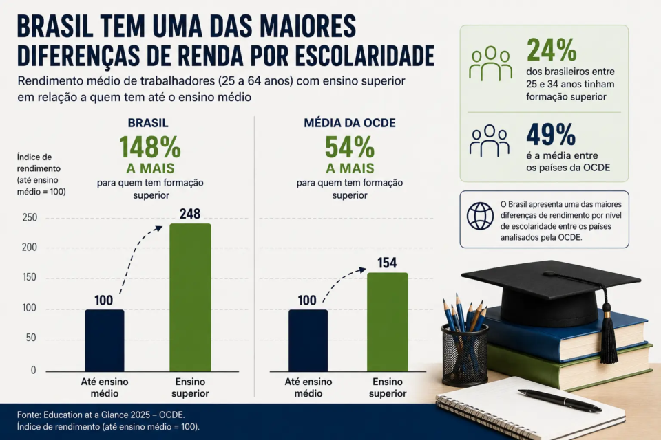 No Brasil, trabalhadores de 25 a 64 anos com ensino superior recebem, em média, 148% a mais que aqueles com formação até o ensino médio. Na média dos países da OCDE, essa diferença é de 54%. Entre brasileiros de 25 a 34 anos, 24% possuem formação superior, ante 49% na média da organização. (Fonte: Education at a Glance 2025/OCDE)