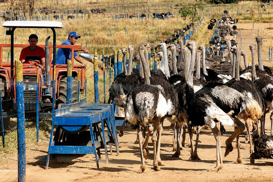 Funcionários alimentam avestruzes em uma das estruturas de criação ligadas à Avestruz Master. As fazendas e o grande número de aves ajudavam a reforçar a imagem de uma atividade econômica real por trás do negócio que atraiu mais de 40 mil investidores antes do colapso, em 2005. (Foto: Acervo/MPF)