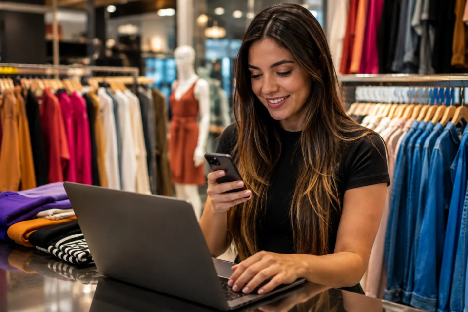 Lojista utiliza celular e computador para atender clientes por canais digitais, modelo de venda que ganha espaço na Região da 44, em Goiânia. (Foto: AER-44)