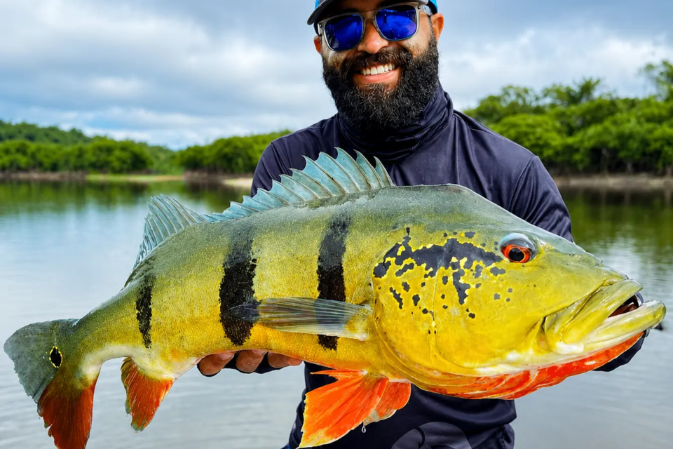 Pescador exibe tucunaré durante pescaria esportiva em lago de água doce (Foto: Reprodução/Site Busca Pesca)