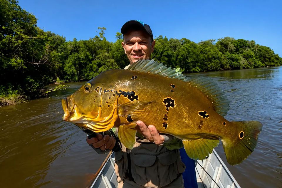 Pescador exibe tucunaré de grande porte durante pesca esportiva (Foto: Reprodução/TikTok)