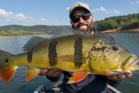 Pescador exibe tucunaré de grande porte durante pesca esportiva em Goiás (Foto: Iago Sales/Cedido ao Mais Goiás)