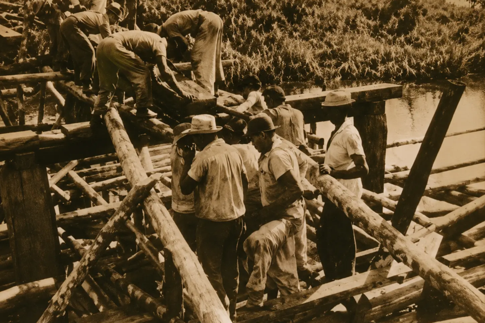 Trabalhadores atuam na construção da BR-153 durante a abertura do corredor rodoviário que passou a integrar Goiás ao Norte do país (Foto: Acervo Histórico do Governo Federal).