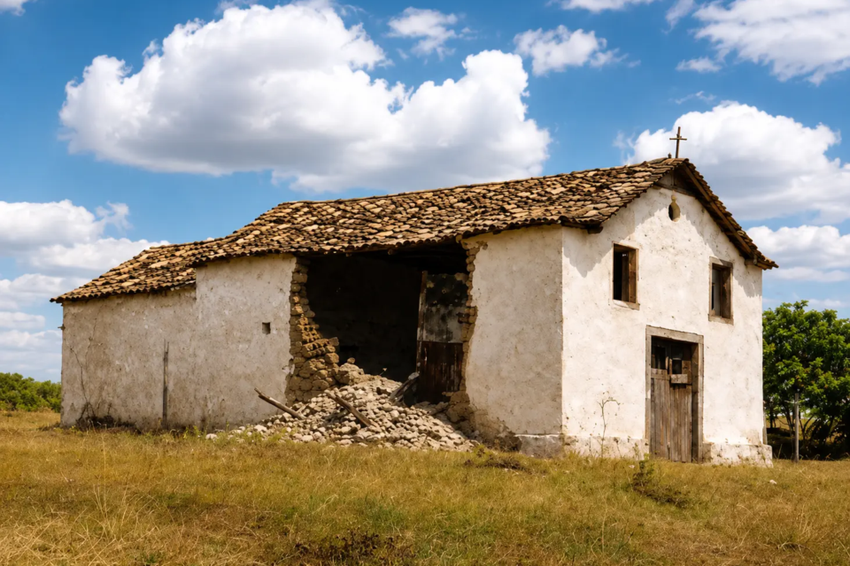 Antiga Igreja do Rosário, no povoado de Tupiraçaba, antiga Traíras, em Niquelândia (GO), em registro histórico que mostra a construção antes de sua destruição (Foto: Reprodução/Instagram @niquelandiamemorias)